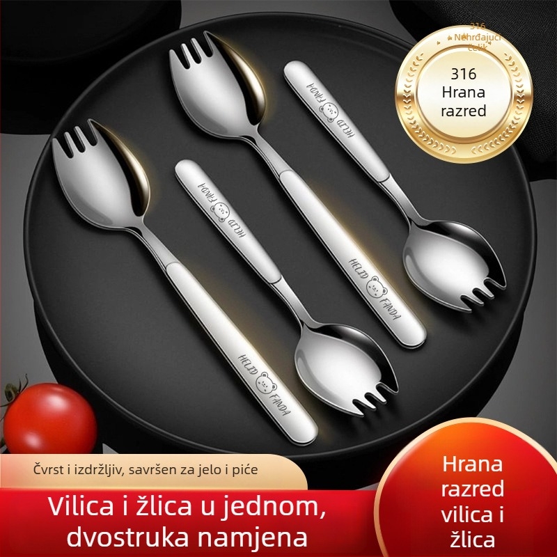 Integrirana vilica i žlica od nehrđajućeg čelika 316, duga drška, ogledni sjaj, jednostavan stil, uzorak Hehe bear, za odrasle