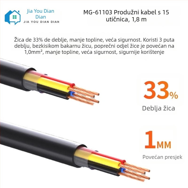Mo Gong Utična ploča s 15 utičnicama, bezoksidno bakreno jezgro, 10 A, 250 V AC
