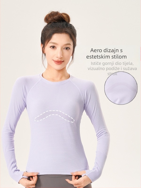 Ženski top za jogu za fitness, uski kroj, visoka elastičnost, okrugli izrez, dugi rukav, brzo suši