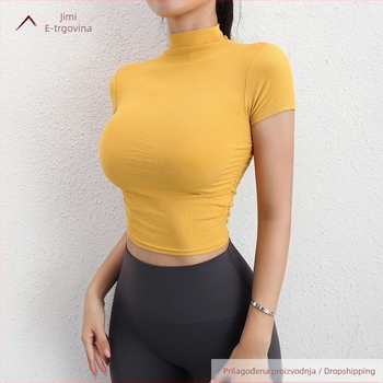 Ženski top za jogu s visokim ovratnikom, kratki rukavi, plisirani dizajn, uski kroj, 100% poliester