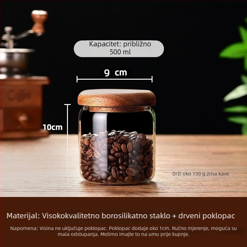 Staklena posuda za šećer s drvenim poklopcem, cilindričnog oblika, kapacitet 301–500 ml, mikrovalna kompatibilna