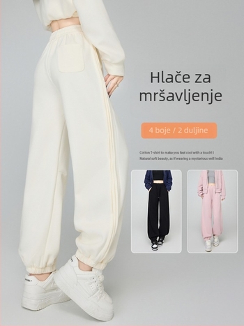 Ženske hlače američkog stila s fleece podstavom, manžetna pri gležnjevima, visokim strukom, duge, pamuk-poliester smjesa (50-70% pamuk, 30-50% poliester) – jesen 2025