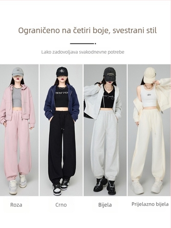 Ženske hlače američkog stila s fleece podstavom, manžetna pri gležnjevima, visokim strukom, duge, pamuk-poliester smjesa (50-70% pamuk, 30-50% poliester) – jesen 2025