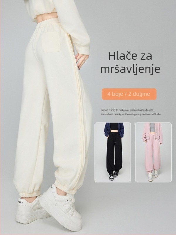Ženske hlače američkog stila s fleece podstavom, manžetna pri gležnjevima, visokim strukom, duge, pamuk-poliester smjesa (50-70% pamuk, 30-50% poliester) – jesen 2025