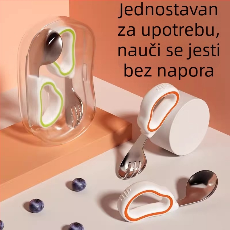 Set vilice i žlice za učenje za djecu, posuđe za trening, silikon i nehrđajući čelik, kratka drška, moderni minimalistički stil, pokrenuto 2024.