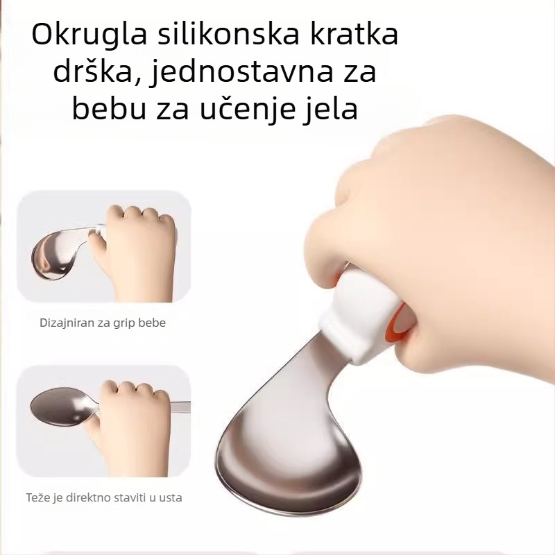 Set vilice i žlice za učenje za djecu, posuđe za trening, silikon i nehrđajući čelik, kratka drška, moderni minimalistički stil, pokrenuto 2024.
