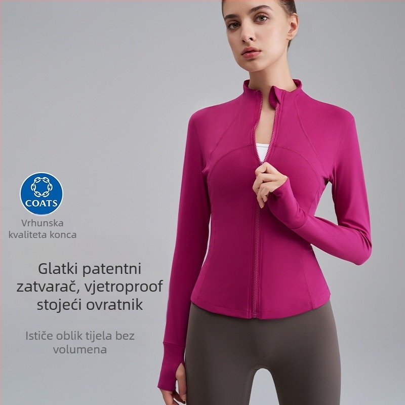 Ženska joga jakna s stojećim ovratnikom, uski kroj, materijal Nylon 80% + Spandex 20% (smjesa kemijskih vlakana), podstava 20% Spandex, dugi rukavi, fitness odjeća