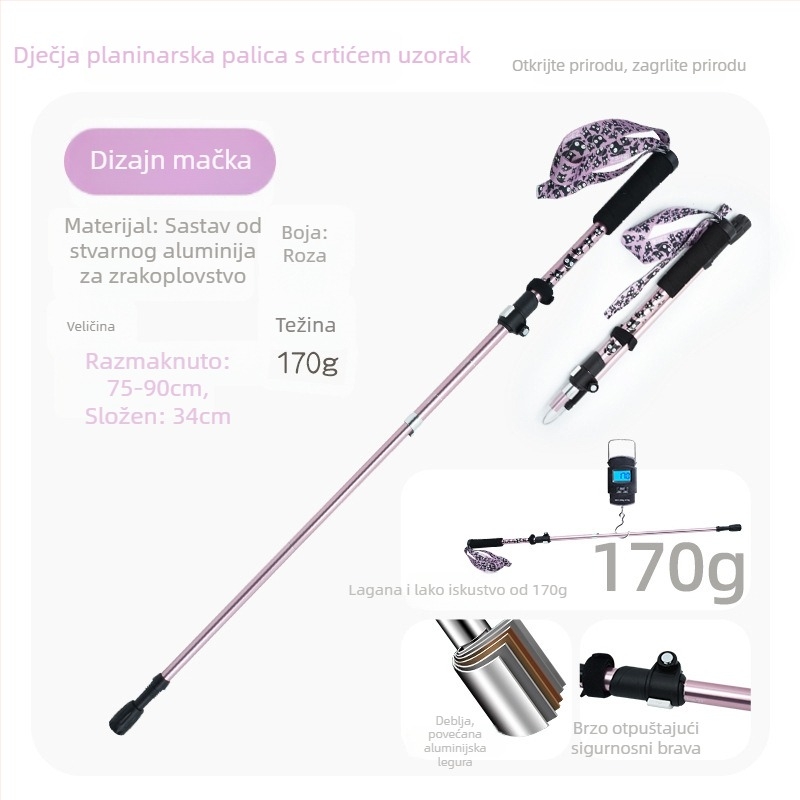 Dječji planinski štap, aluminijska legura, 170 g, 3-djelna, vanjski mehanizam zaključavanja, ravna drška