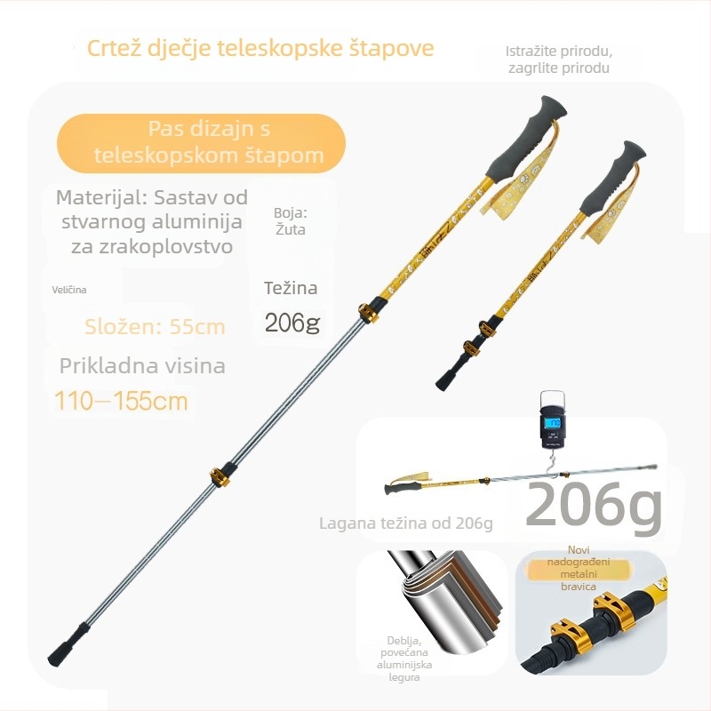 Dječji planinski štap, aluminijska legura, 170 g, 3-djelna, vanjski mehanizam zaključavanja, ravna drška