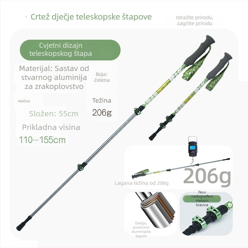 Dječji planinski štap, aluminijska legura, 170 g, 3-djelna, vanjski mehanizam zaključavanja, ravna drška