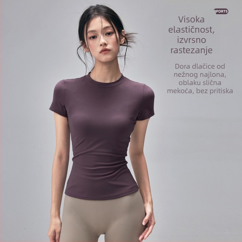 Majica za trening za jogu – odvodi vlagu, uski kroj, duljina do struka, najlon tkanina