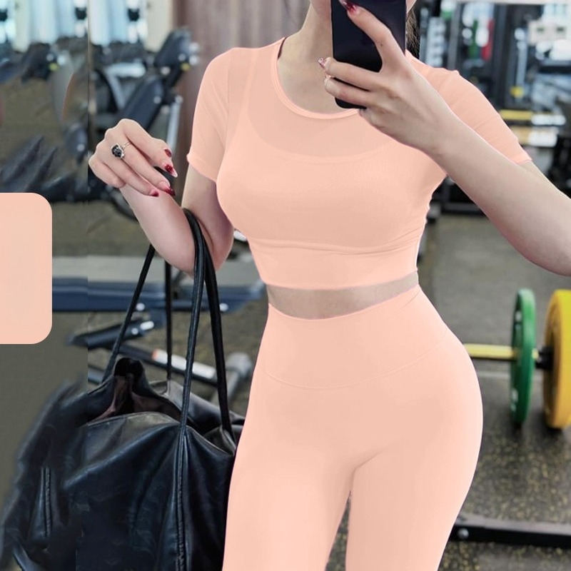 Joga set: Top s okruglim izrezom i mrežastom tkaninom, kratki rukavi, s umetkom za prsni koš, pulover stil, hlače – za jogu i fitness