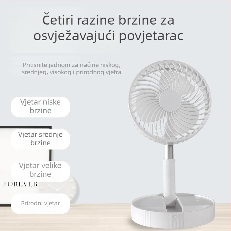 USB punjivi sklopivi prijenosni mini ventilator s 3 lopaticama, baterija 4000–6000 mAh, četkasti motor, buka 36–45 dB, teleskopski sklopivi dizajn