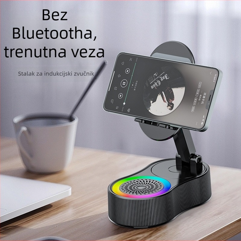Držač za telefon s ugrađenom baterijom i bežičnim Bluetooth zvučnikom — Bluetooth 5.3, kapacitet baterije 1200–2000 mAh, izlazna snaga 5W, frekvencijski raspon 100 Hz–20 kHz, domet 10 m
