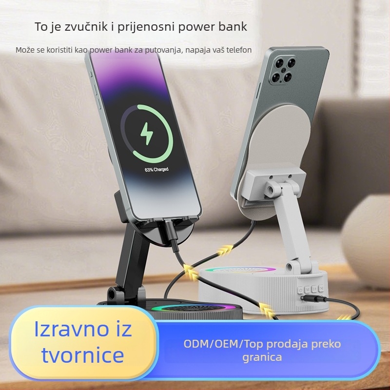 Držač za telefon s ugrađenom baterijom i bežičnim Bluetooth zvučnikom — Bluetooth 5.3, kapacitet baterije 1200–2000 mAh, izlazna snaga 5W, frekvencijski raspon 100 Hz–20 kHz, domet 10 m