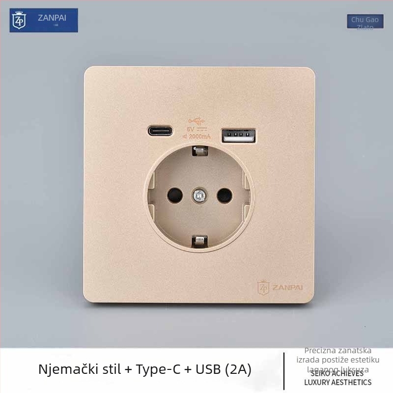 Zan Brand europska standardna zidna utičnica USB Type-C 2A, 16A, zidni montaža, CE certifikat