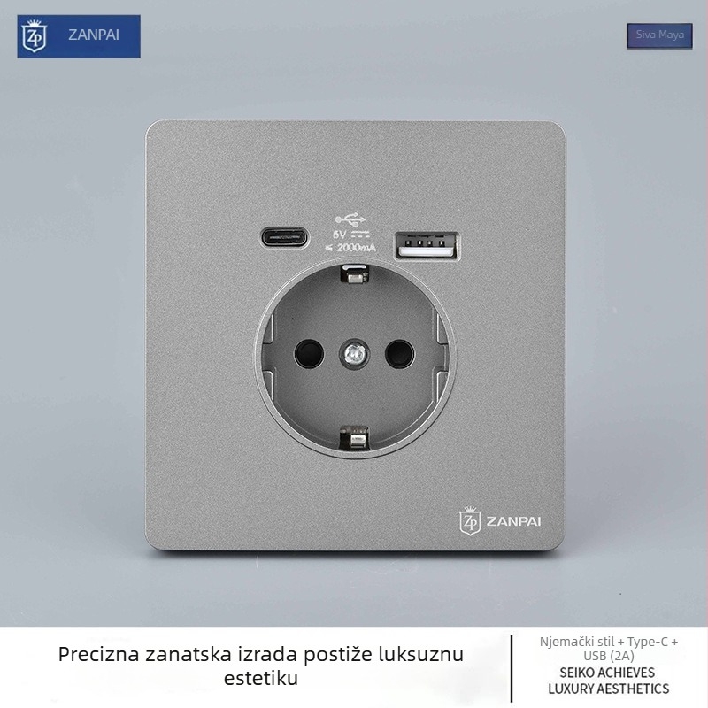 Zan Brand europska standardna zidna utičnica USB Type-C 2A, 16A, zidni montaža, CE certifikat