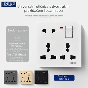 IREKE 86-tip skrivena zidna universalna utičnica s prekidačem, osam rupa, 13A, AC250V, kontakti od tin fosfor bronze, CE potvrda