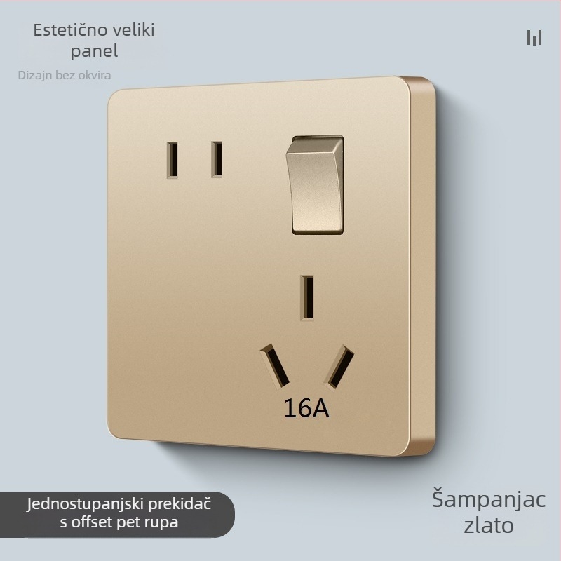 Zidni panel prekidača i utičnice s jednim upravljačem, pet rupa, 10A, 220-250V AC, kontakti od fosfor-bronza, CCC certifikat