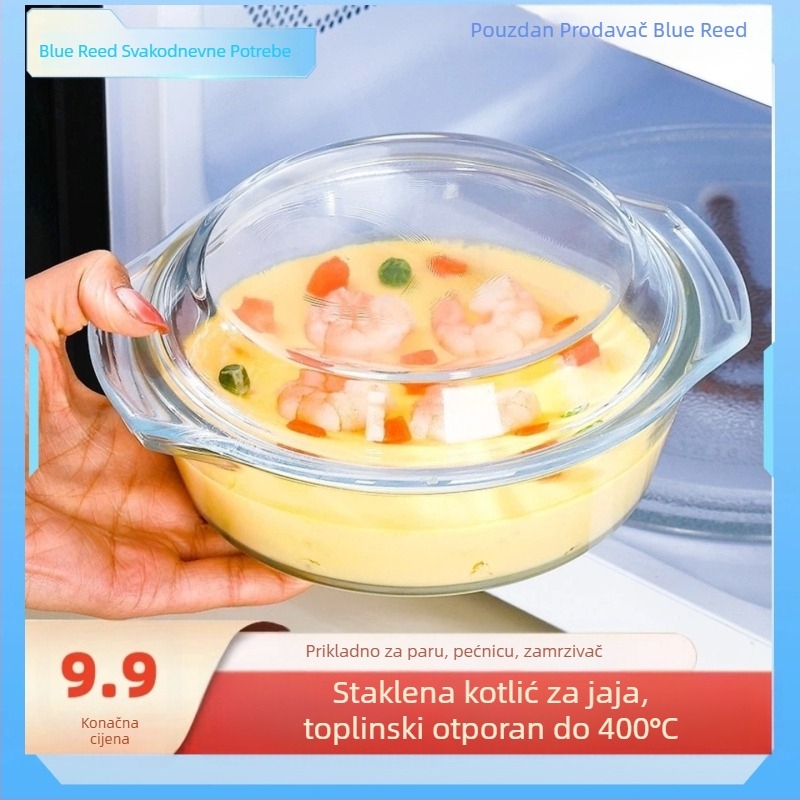 Staklena posuda za jaja s prozirnim poklopcem, borosilikatno staklo, sigurni u mikrovalnoj, s dvostrukim držalom