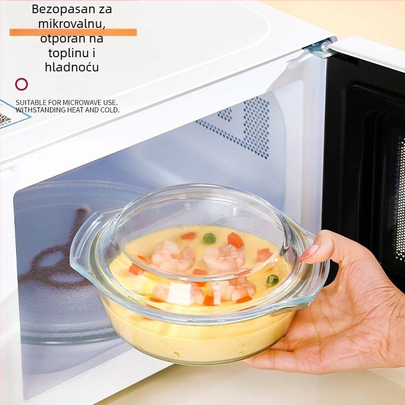 Staklena posuda za jaja s prozirnim poklopcem, borosilikatno staklo, sigurni u mikrovalnoj, s dvostrukim držalom