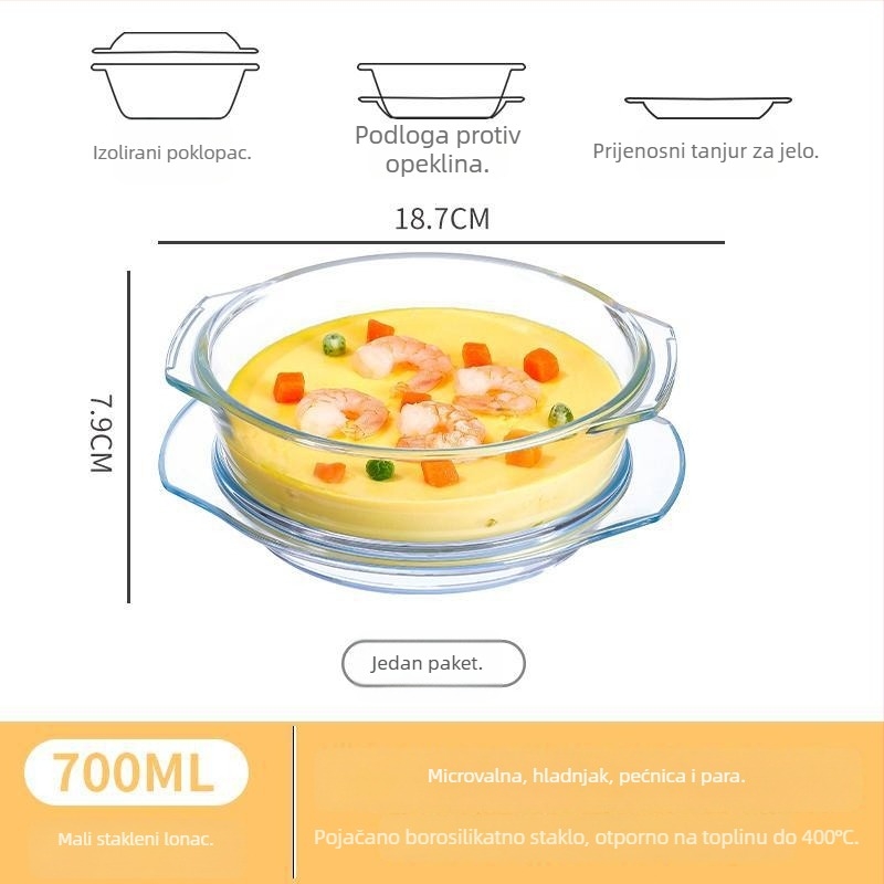 Staklena posuda za jaja s prozirnim poklopcem, borosilikatno staklo, sigurni u mikrovalnoj, s dvostrukim držalom