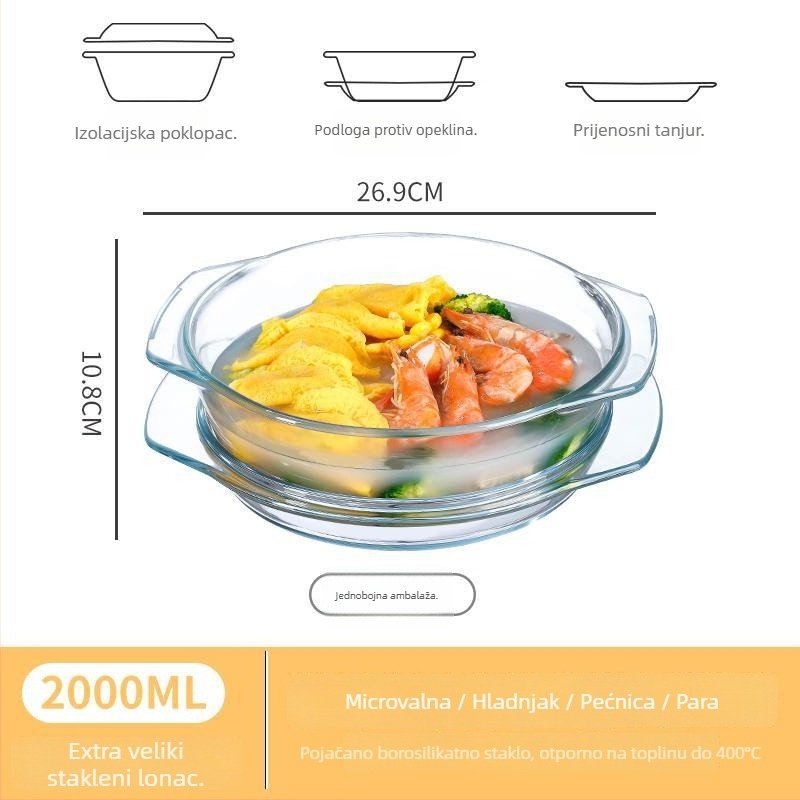 Staklena posuda za jaja s prozirnim poklopcem, borosilikatno staklo, sigurni u mikrovalnoj, s dvostrukim držalom