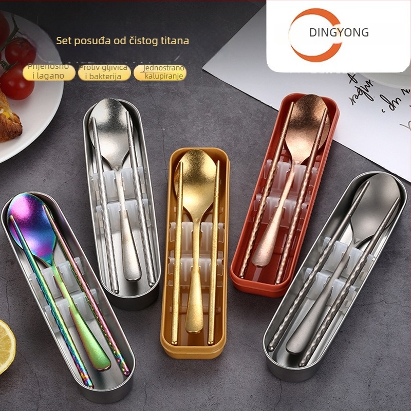 Set pribora od čistog titanija sa žlicom i štapićima — ultra lagan, poliranje Hemp Wheel, minimalistički stil