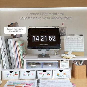 Stolni podizni nosač za prijenosno računalo s ladicom – 1 etaža, otporan na vlagu, bez bušenja; materijal: umjetna ploča; pogodan za kozmetiku, radnu površinu i skladištenje u spavaćoj sobi.