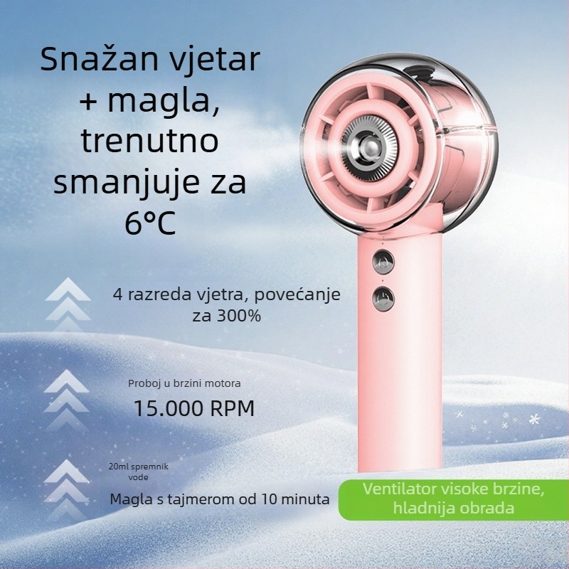 Ručni ventilator s funkcijom magle, brushless motor, ugrađena baterija 4000–6000 mAh, 4 brzine