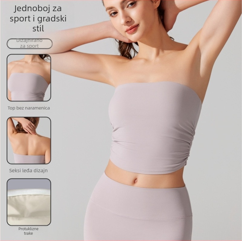 Top bez naramenica s punim košaricama, antibakterijska nude tkanina, za trčanje i fitness, tanko oblikovane košarice