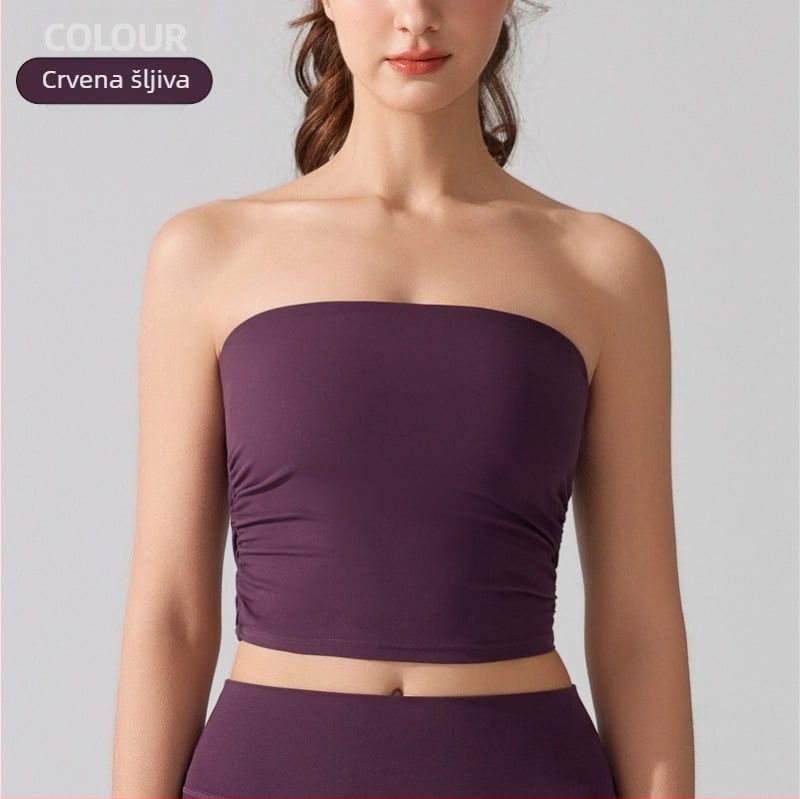 Top bez naramenica s punim košaricama, antibakterijska nude tkanina, za trčanje i fitness, tanko oblikovane košarice