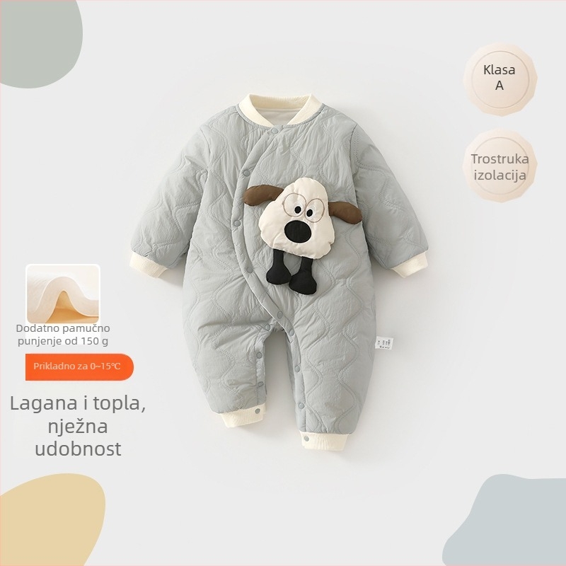 Dječji plazajući bodi – debeli najlonski vanjski sloj, pamučna podstava, dugi rukavi, diagonalan prednje zatvaranje gumbima, za zimu i jesen, unisex, novorođenče 0–12 mjeseci