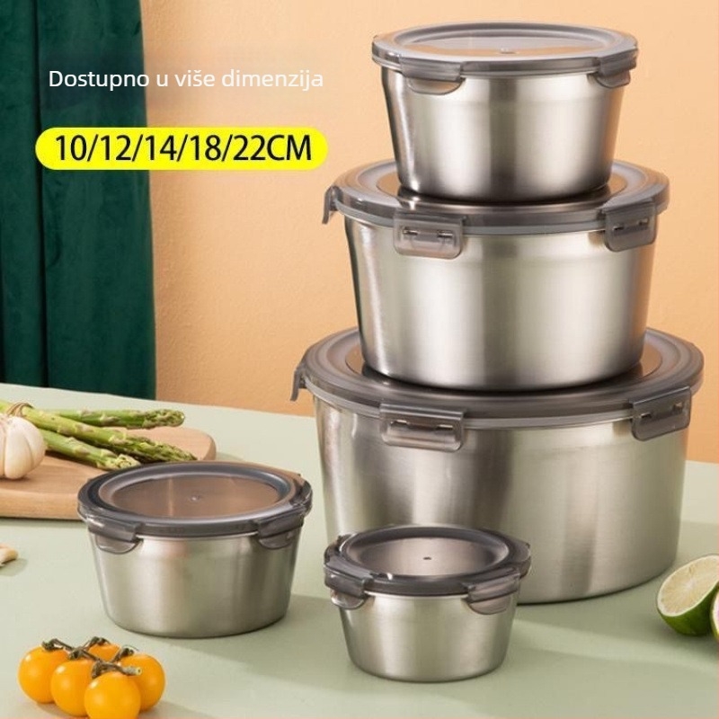 Kružna kutija za ručak od 316 nehrđajućeg čelika s poklopcem, čuva svježinu, kompatibilno s mikrovalnom, kapacitet ispod 300 ml