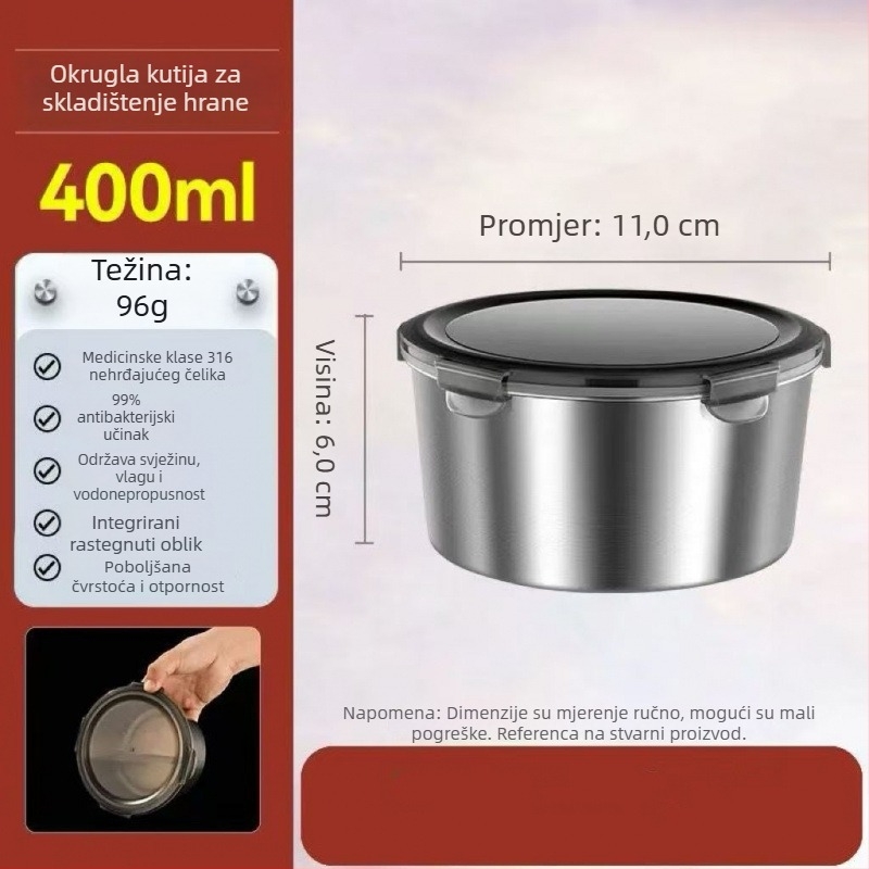 Kružna kutija za ručak od 316 nehrđajućeg čelika s poklopcem, čuva svježinu, kompatibilno s mikrovalnom, kapacitet ispod 300 ml