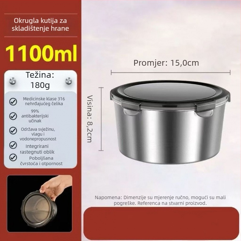 Kružna kutija za ručak od 316 nehrđajućeg čelika s poklopcem, čuva svježinu, kompatibilno s mikrovalnom, kapacitet ispod 300 ml
