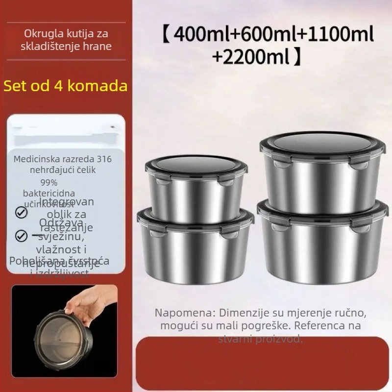 Kružna kutija za ručak od 316 nehrđajućeg čelika s poklopcem, čuva svježinu, kompatibilno s mikrovalnom, kapacitet ispod 300 ml