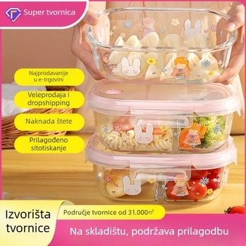 Staklena kutija za ručak, mikrovalna kompatibilna, velika kapaciteta 800-1000 ml, kvadratnog oblika s tri odjeljka i poklopcem