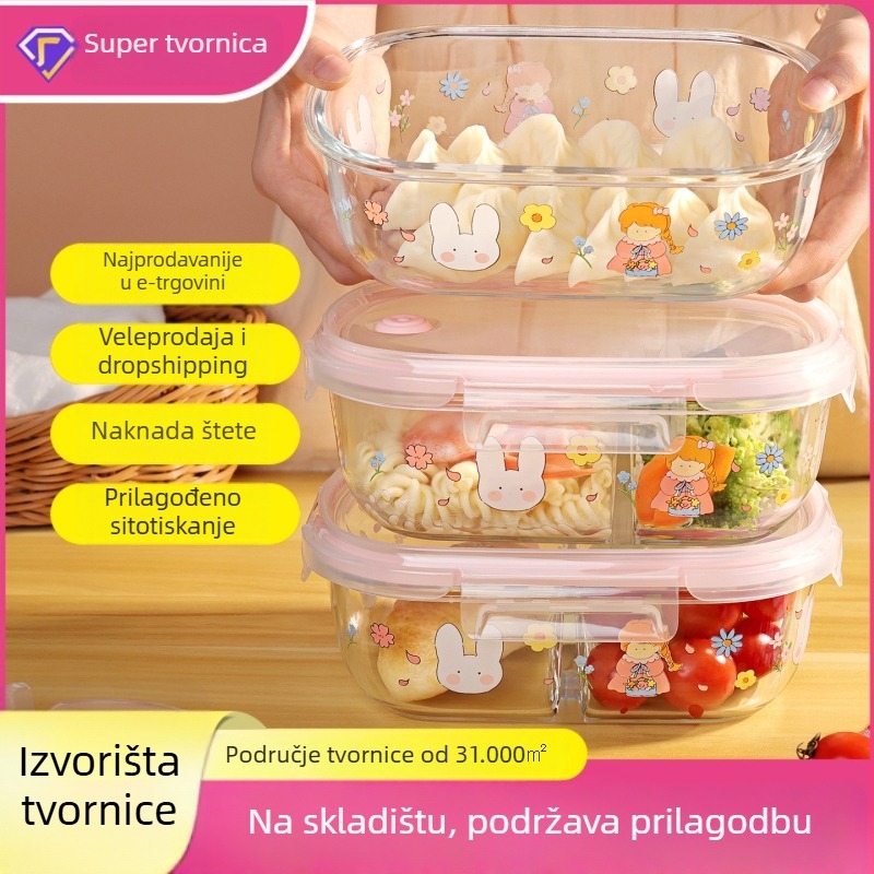 Staklena kutija za ručak, mikrovalna kompatibilna, velika kapaciteta 800-1000 ml, kvadratnog oblika s tri odjeljka i poklopcem