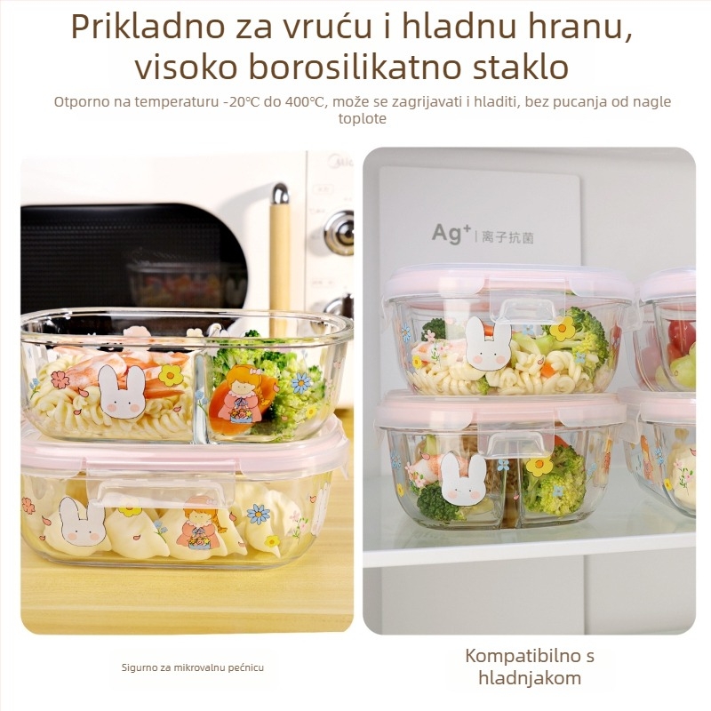 Staklena kutija za ručak, mikrovalna kompatibilna, velika kapaciteta 800-1000 ml, kvadratnog oblika s tri odjeljka i poklopcem