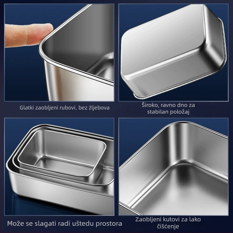 Kutija za hranu od 304 nehrđajućeg čelika, pravokutna, s čvrstim poklopcem, za hladnjak/skladištenje, kapaciteti 0,8–1,0 L; 1–2 L; 2,1–3 L