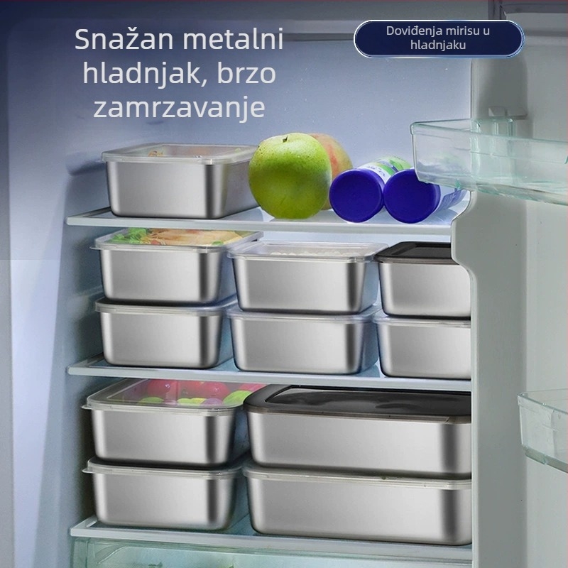 Kutija za hranu od 304 nehrđajućeg čelika, pravokutna, s čvrstim poklopcem, za hladnjak/skladištenje, kapaciteti 0,8–1,0 L; 1–2 L; 2,1–3 L