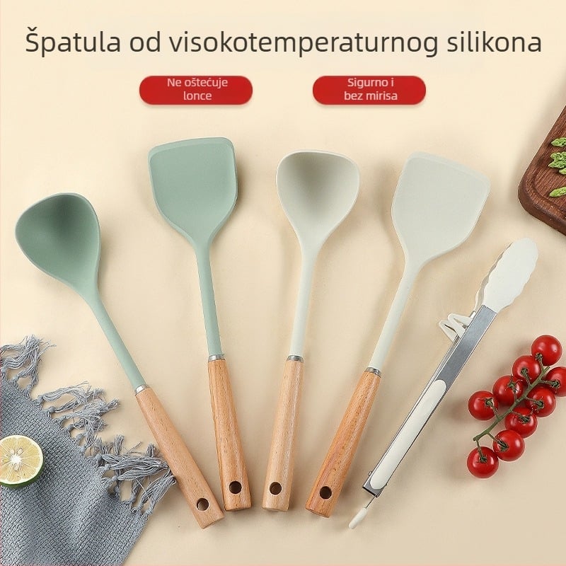 Set silikonskih spatula s drvenom drškom, otporan na visoke temperature, ne lijepi se