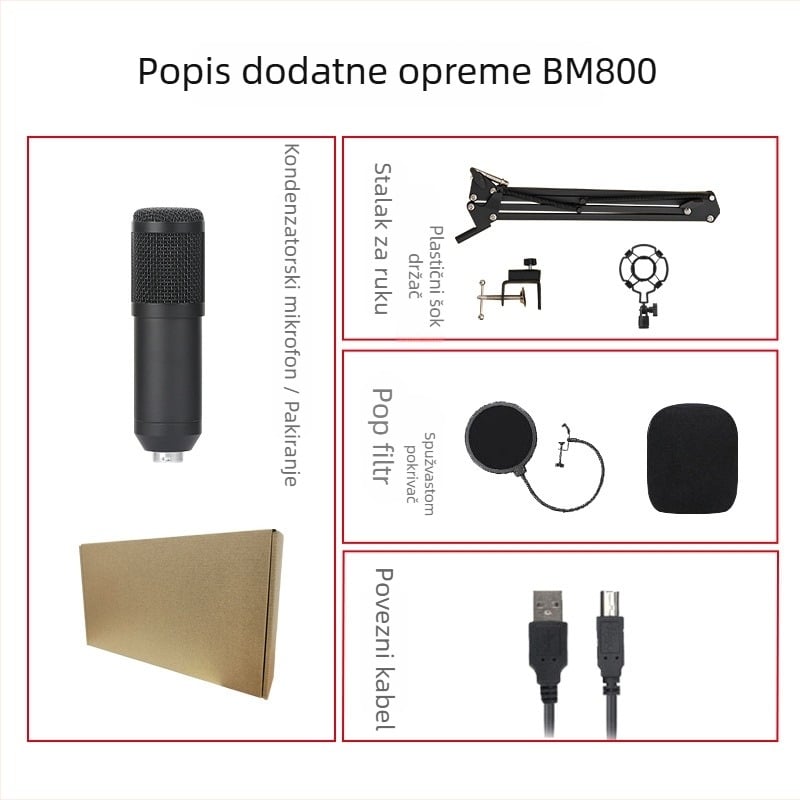 USB računalo kondenzatorski mikrofon BM700/BM800 za live streaming i igre, bežični, hiper-kardioidno snimanje, 20 Hz-20 kHz, SNR ≥85 dB, 1.5-5 V BM700/BM800