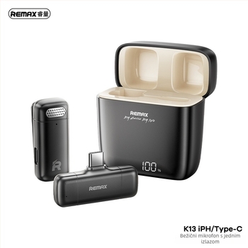 REMAX Dvokanalni bežični mikrofon za prijenos uživo, mikrofon s klipom za ovratnik, Bluetooth 5.3, ugrađena baterija 100–300 mAh, autonomija 1–3 h, SNR < 60 dB, model k13/k15