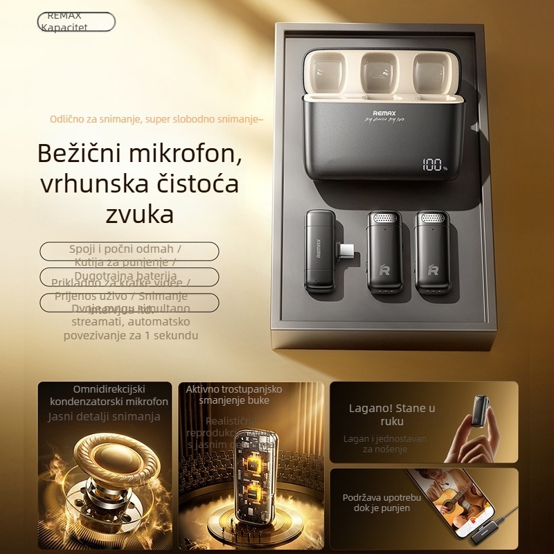 REMAX Dvokanalni bežični mikrofon za prijenos uživo, mikrofon s klipom za ovratnik, Bluetooth 5.3, ugrađena baterija 100–300 mAh, autonomija 1–3 h, SNR < 60 dB, model k13/k15