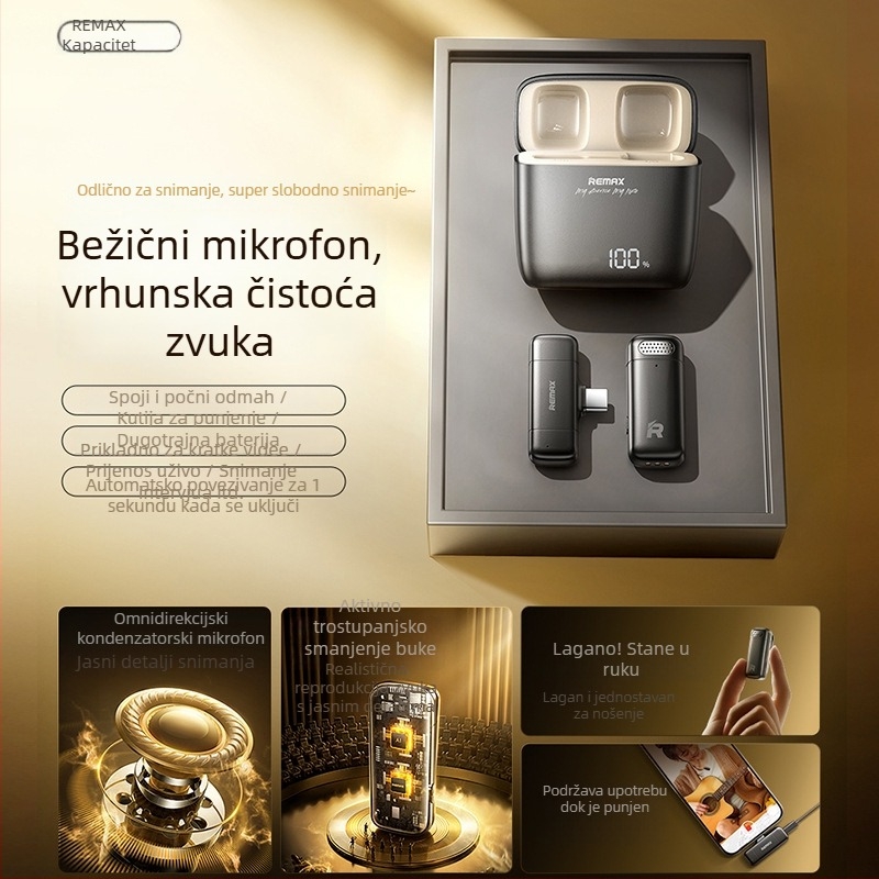 REMAX Dvokanalni bežični mikrofon za prijenos uživo, mikrofon s klipom za ovratnik, Bluetooth 5.3, ugrađena baterija 100–300 mAh, autonomija 1–3 h, SNR < 60 dB, model k13/k15