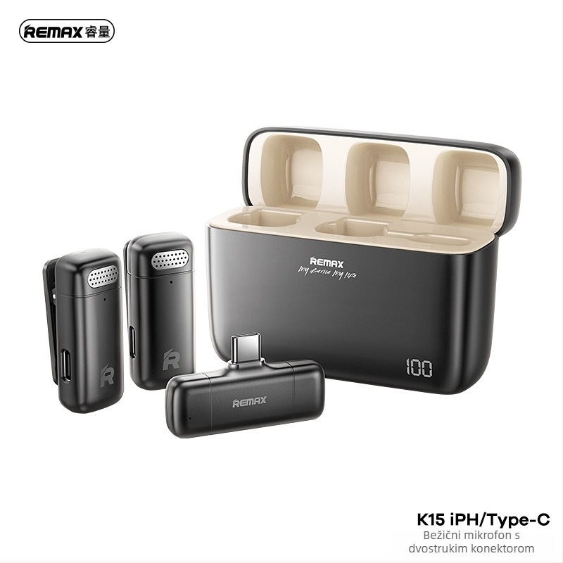 REMAX Dvokanalni bežični mikrofon za prijenos uživo, mikrofon s klipom za ovratnik, Bluetooth 5.3, ugrađena baterija 100–300 mAh, autonomija 1–3 h, SNR < 60 dB, model k13/k15