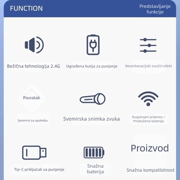 Lavalier mikrofoni s kutijom za punjenje za livestream – Bluetooth 5.0, ugrađena baterija, frekvencijski raspon 20 Hz–20 kHz, SNR ≥60 dB, trajanje baterije 6–8 sati.
