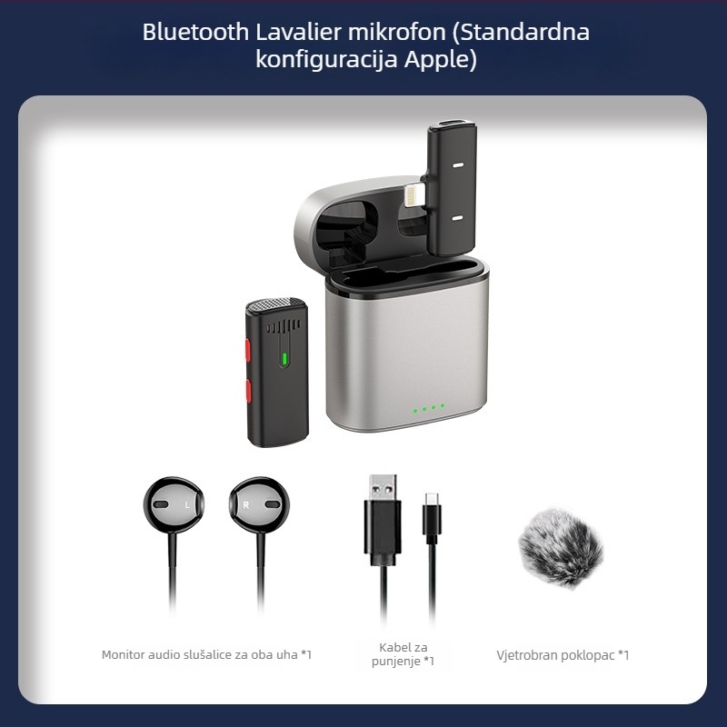 Lavalier mikrofoni s kutijom za punjenje za livestream – Bluetooth 5.0, ugrađena baterija, frekvencijski raspon 20 Hz–20 kHz, SNR ≥60 dB, trajanje baterije 6–8 sati.